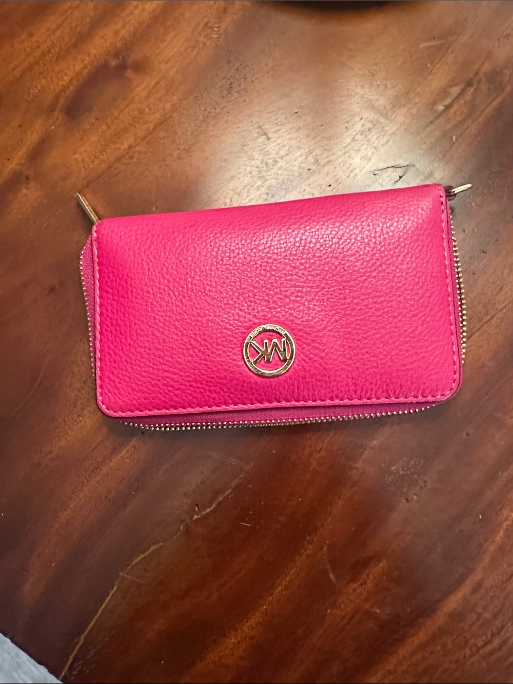Michael Kors Hot Pink Pebbled Leather Zip Around Wallet with Gold Logo